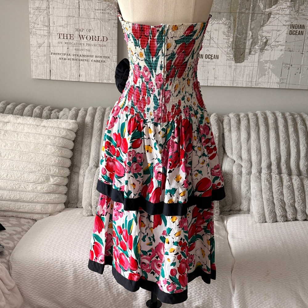 Vintage Robbie Bee Floral Strapless Ruffle Tiered Dress Black Trim Bow Accents - Picture 4 of 5